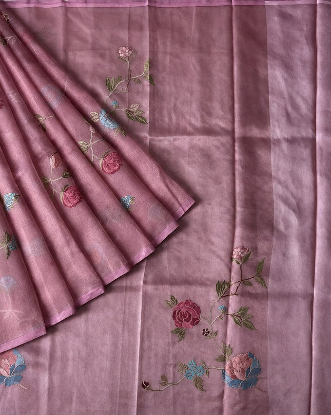 Pure Tissue Saree  with Embroidery Work and  piping border - Onion Pink