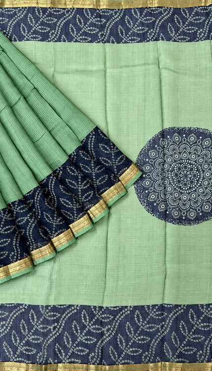 Pure Silk Kota Saree With Bhandni Print and Small Kanchi Border -Green