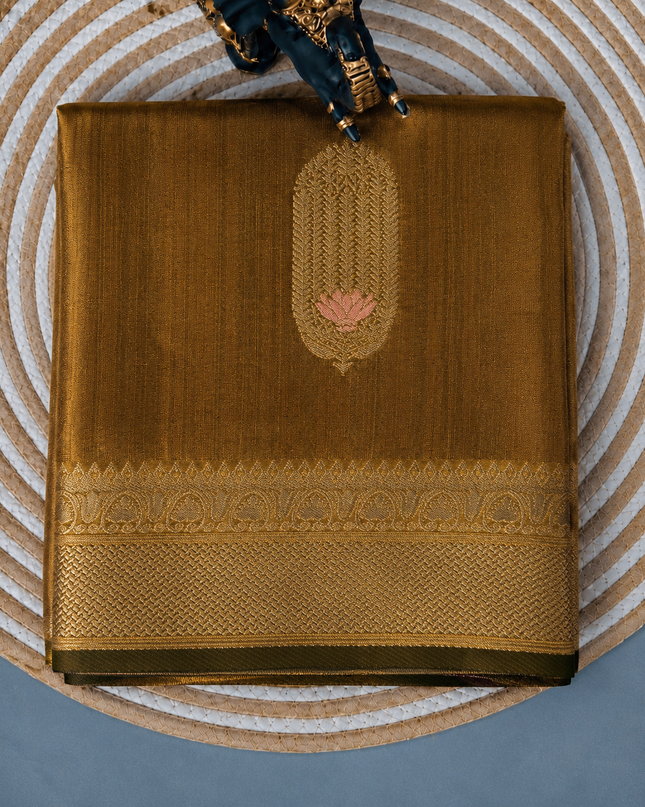 Semi Raw Silk Saree With Gold Zari Weaving Meenakari Butties and kaddi Border - Brown