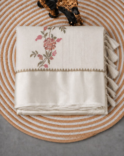 Jute Tusser Silk Saree With Cross Stich Work - White