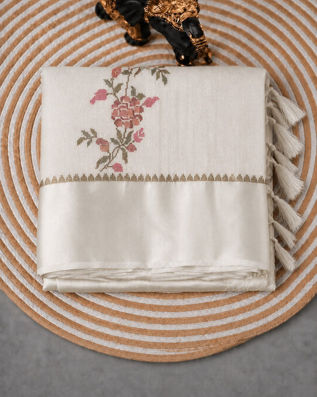 Jute Tusser Silk Saree With Cross Stich Work - White