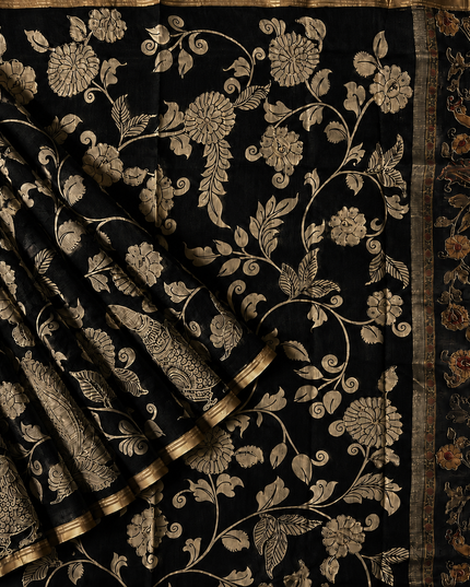Kora Tusser kalmkari Sarree  With  Dori work and  Golden Border-  Black