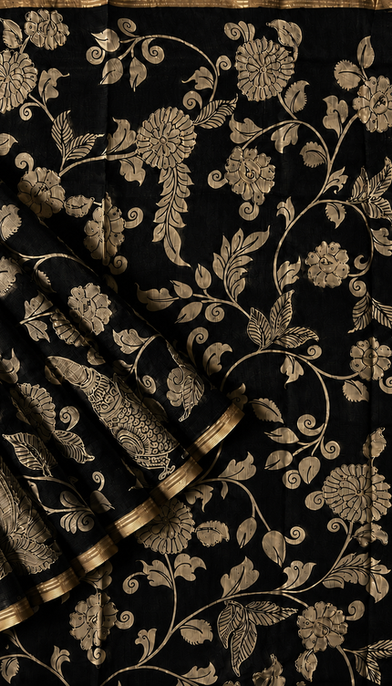 Kora Tusser kalmkari Sarree  With  Dori work and  Golden Border-  Black