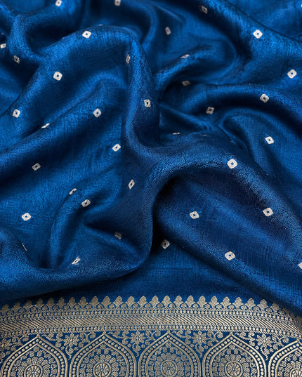 Tusser Silk Saree With Bhandni Print and Golden Border - Peacock Blue