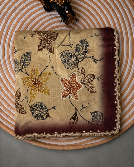 Crepe Saree With leaf Print and Sequence Work and Karahan Work Border- Beige
