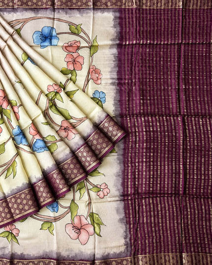Mysore Crape Saree with Kalamkari Print Contrast  Border - Cream & Light Pink