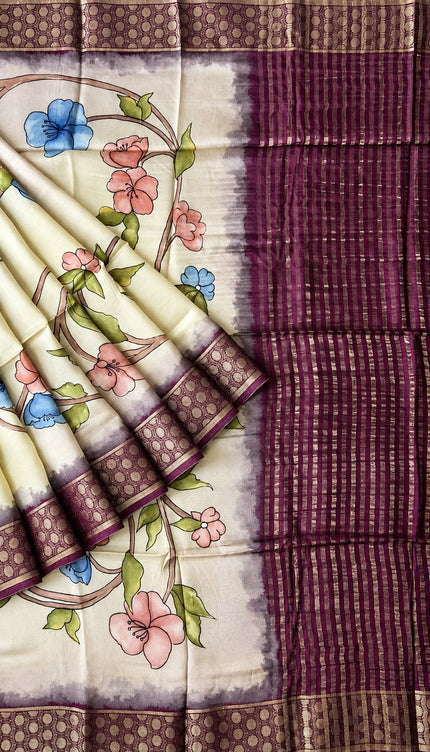 Mysore Crape Saree with Kalamkari Print Contrast  Border - Cream & Light Pink