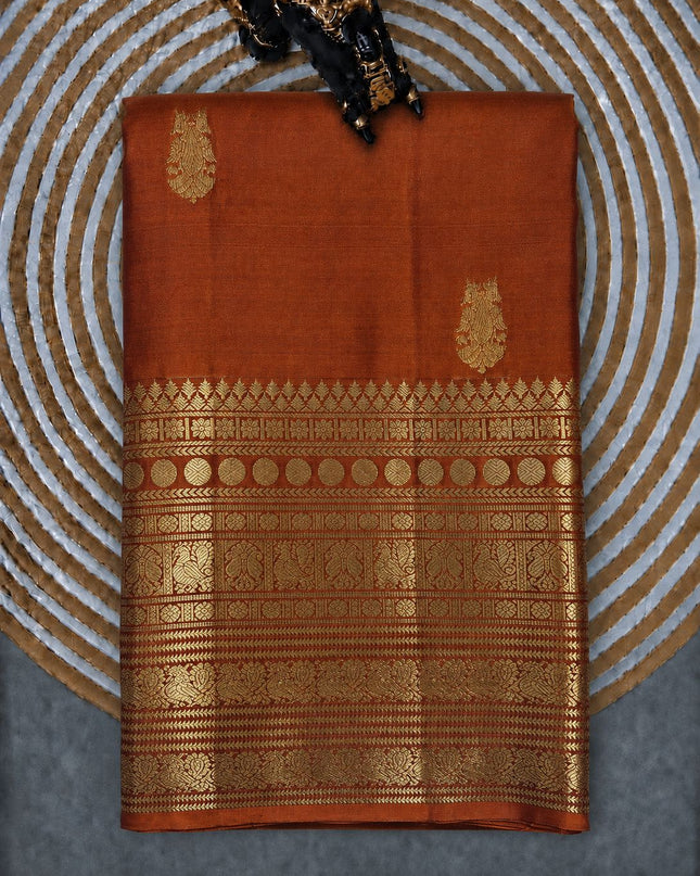 Pure Pattu Saree With Gold  Dual Peacock Buttes and Golden Border-  Rust
