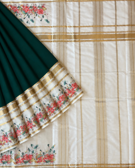 Crepe Saree With Gap Border and  Floral Print - Bottle Green