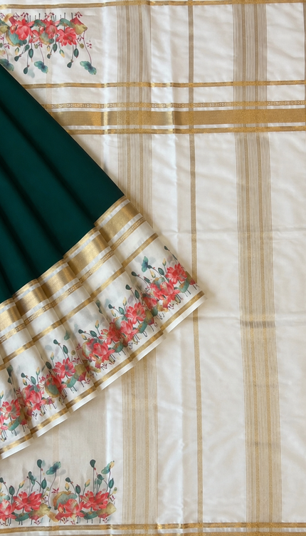 Crepe Saree With Gap Border and  Floral Print - Bottle Green