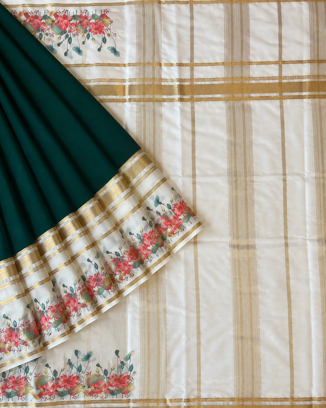 Crepe Saree With Gap Border and  Floral Print - Bottle Green