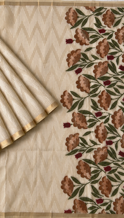 Cotton Chanderi  Jamdani  Saree with Self Weaving Floral Design - Cream & Brown