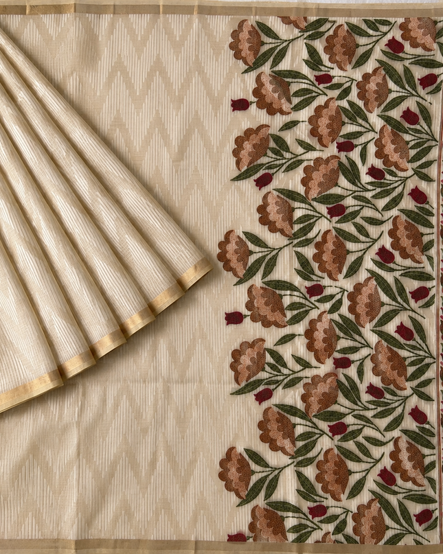 Cotton Chanderi  Jamdani  Saree with Self Weaving Floral Design - Cream & Brown