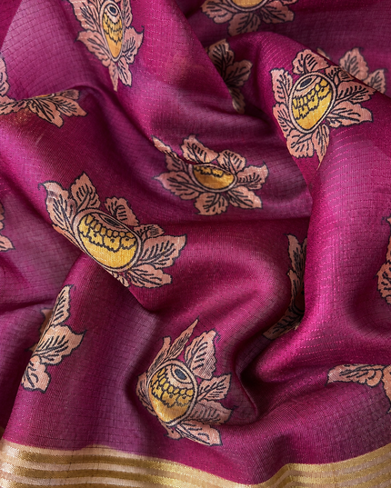 Kora Tusser kalmkari Sarree  With  Dori work and  Golden Border-  Wine