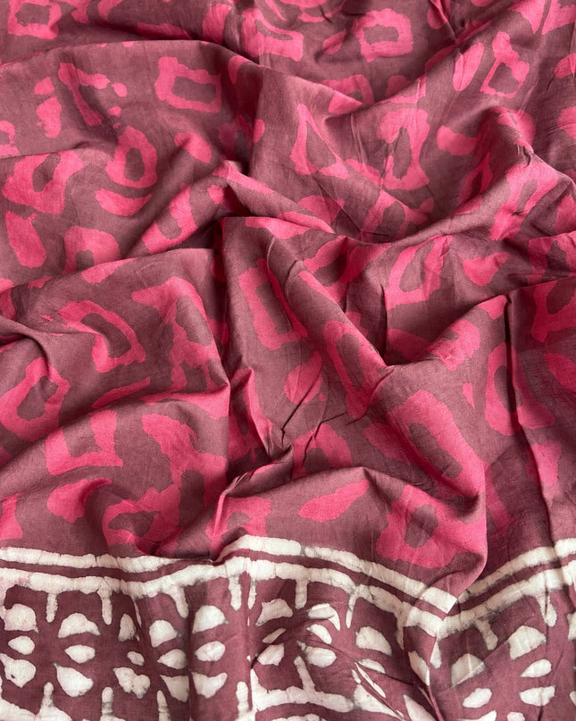 Mul Cotton Saree with Floral Print and Zig Zag Border - Maroon