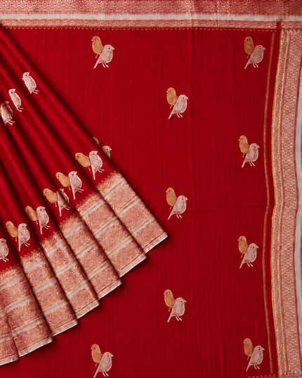 Raw silk sarees with Gold and Silver Zari Peacock design and Contrast border -Red