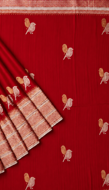 Raw silk sarees with Gold and Silver Zari Peacock design and Contrast border -Red