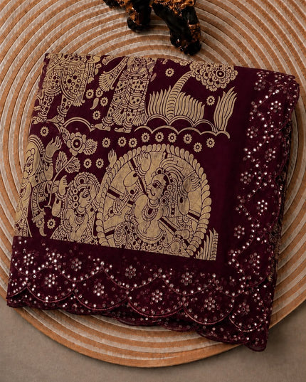 Georgette Saree With Kalmkari Print and Scallop Border and Mirror Work  - Maroon