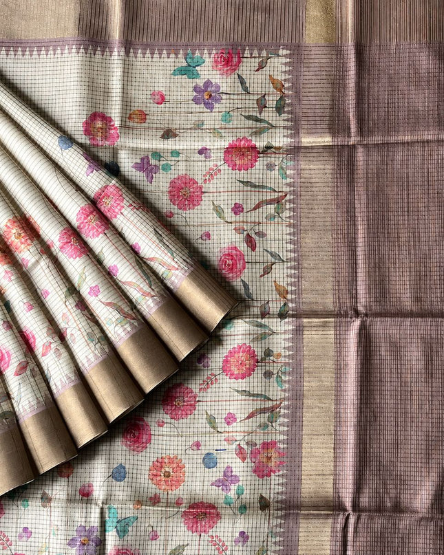 Tusser Silk Saree with Check Design and Contrast Border - Off White & Light Onion Pink