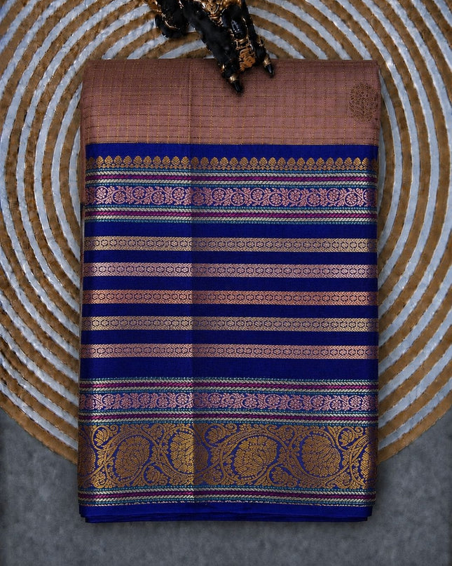 Pure Pattu Saree With Gold Cheks Weaving and  Flower Buttes and Contrast Border-  Onion Pink