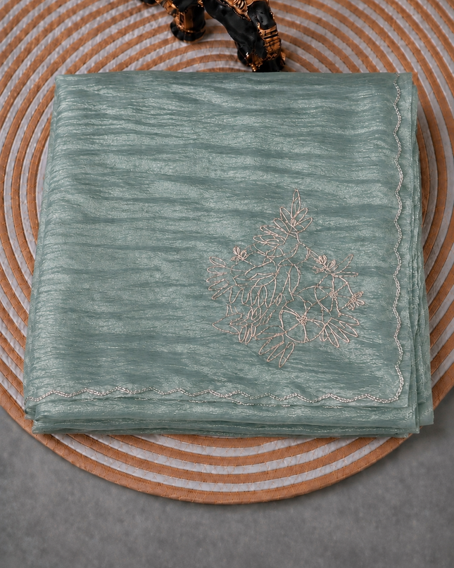 Soft  Tissue Orznga  Saree With Ari work and scallop Border-Light Rama Green