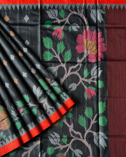 Tusser Jamdani Saree Weaving Butties  With Contrast Border- Black