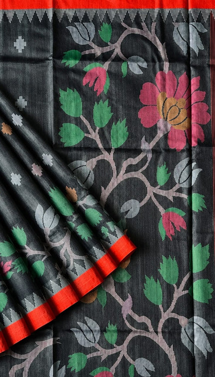 Tusser Jamdani Saree Weaving Butties  With Contrast Border- Black