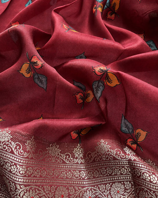 Chanderi Saree with  Floral Print Contrast Border - Green & Red