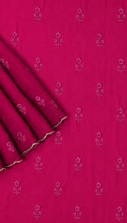 Georgette Saree with Thread Embroidery Flower Design  Kardhana Work Scallop Border - Magenta
