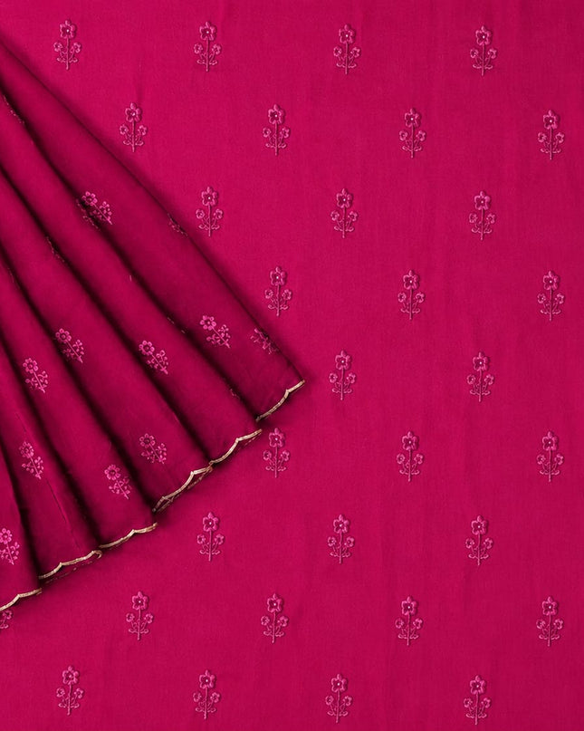 Georgette Saree with Thread Embroidery Flower Design  Kardhana Work Scallop Border - Magenta