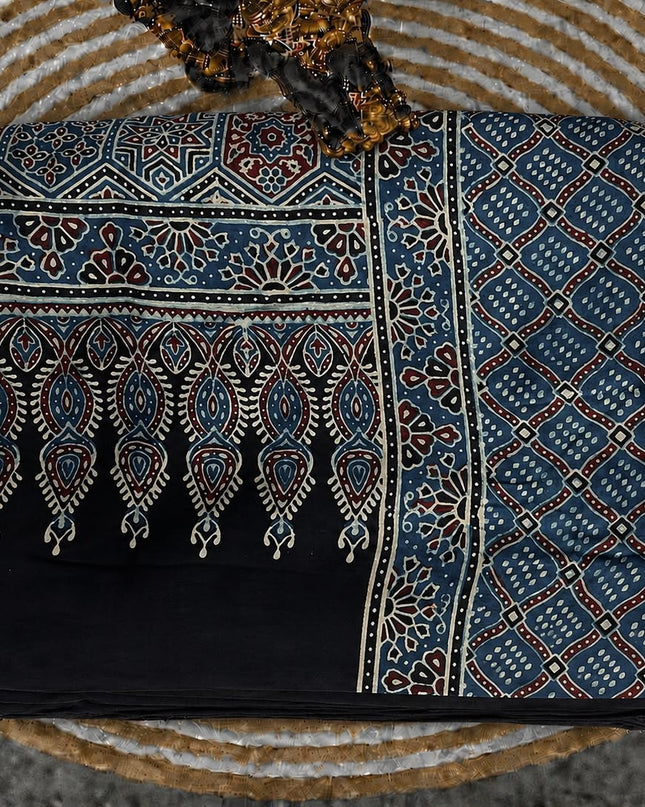Modal silk saree with ajrakh Design and  Contrast Border - Peacock Blue