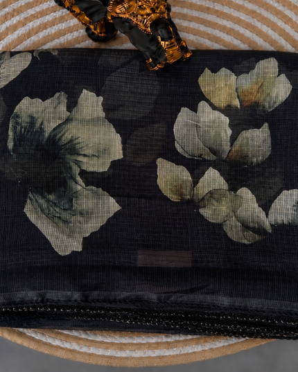 Silk Kota Saree with Floral Print and Lace  Border-Black