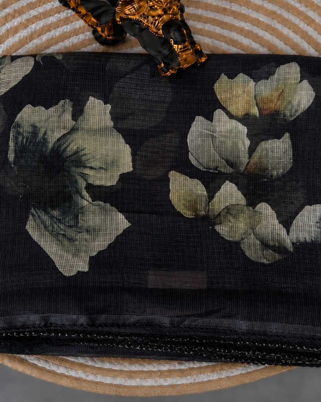 Silk Kota Saree with Floral Print and Lace  Border-Black