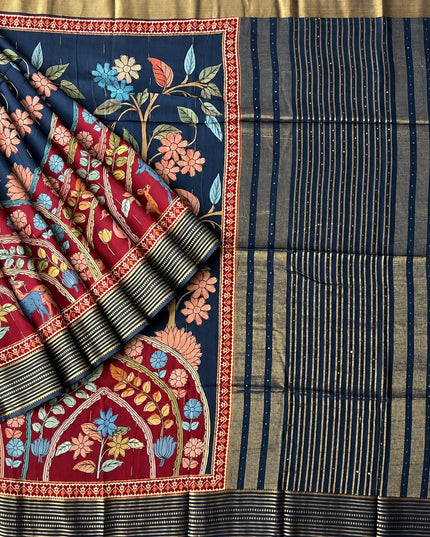 Crepe Saree with Allover Floral Print and Contrast Border-  Maroon