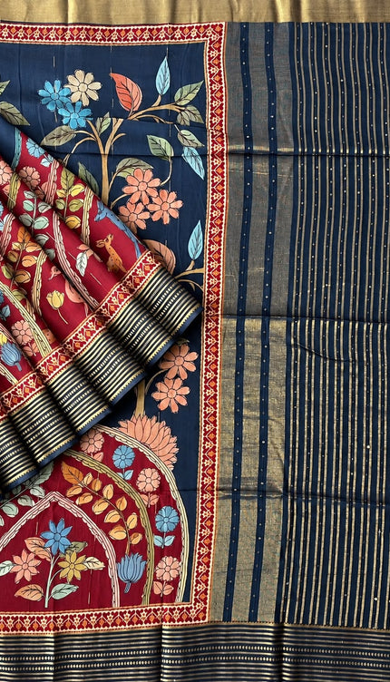 Crepe Saree with Allover Floral Print and Contrast Border-  Maroon