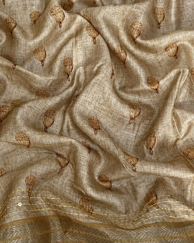 Tusser Silk Saree With Floral Print and Contrast Border - Mustrad