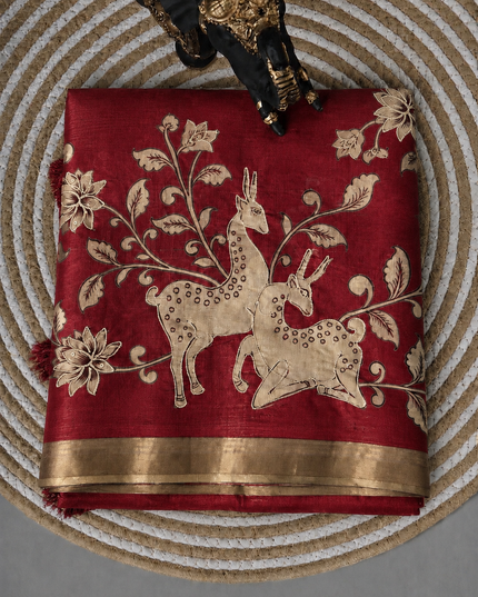 Kora Tusser kalmkari Sarree  With  Dori work and  Golden Border-  Maroon