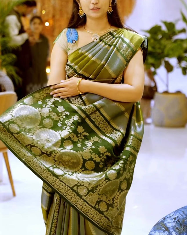 Banarasi Tissue Silk Saree With Gold Zari Work - Green