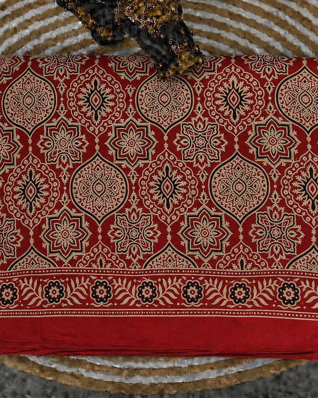 Modal silk saree with ajrakh Design and  Contrast Border - Red