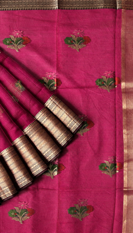 Kota Silk Saree with All over Thread Weaving Flower Butties and Golden Border - Rani Pink