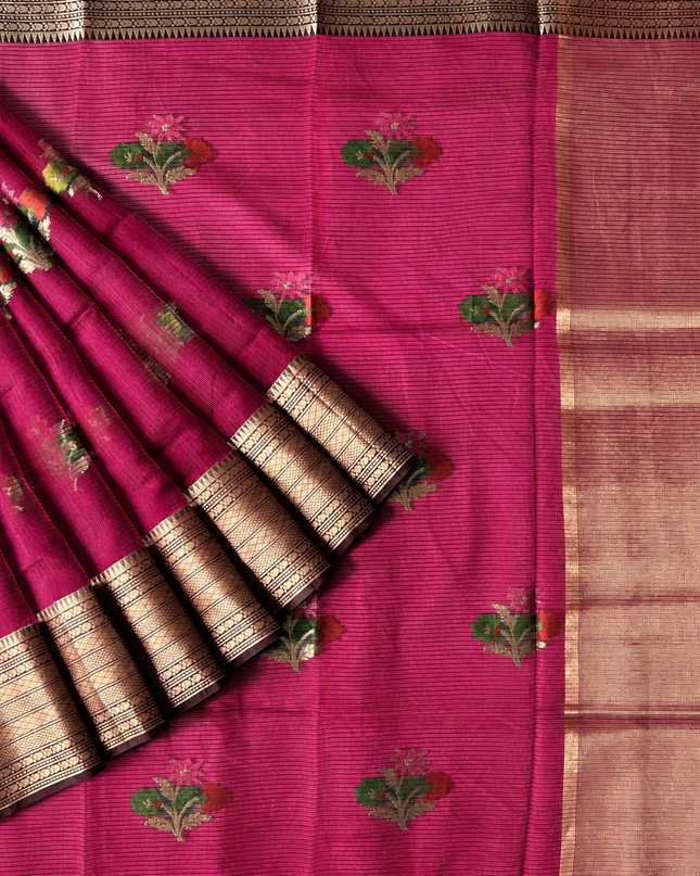Kota Silk Saree with All over Thread Weaving Flower Butties and Golden Border - Rani Pink