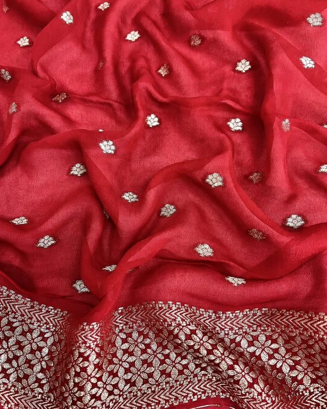 Georgette Saree with Meena Kari Weaving kaddi Border - Red
