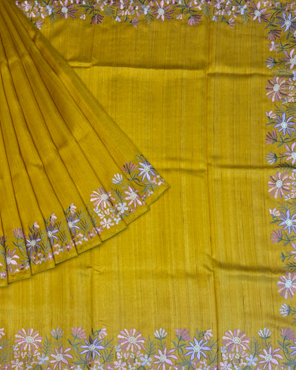 Tusser Silk Saree With Thread Embroidery Work and Lace Border - Mustard