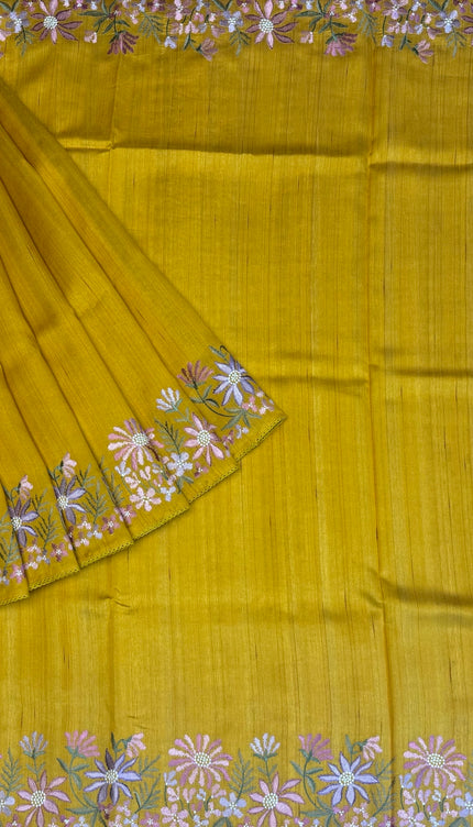 Tusser Silk Saree With Thread Embroidery Work and Lace Border - Mustard
