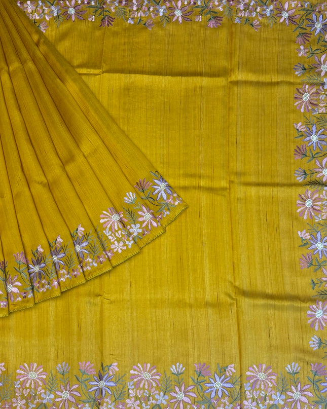 Tusser Silk Saree With Thread Embroidery Work and Lace Border - Mustard