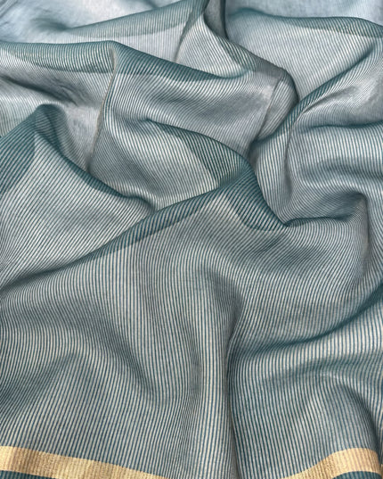 Mul Chanderi saree with thread embroidery Work and Small Border - Teal Blue