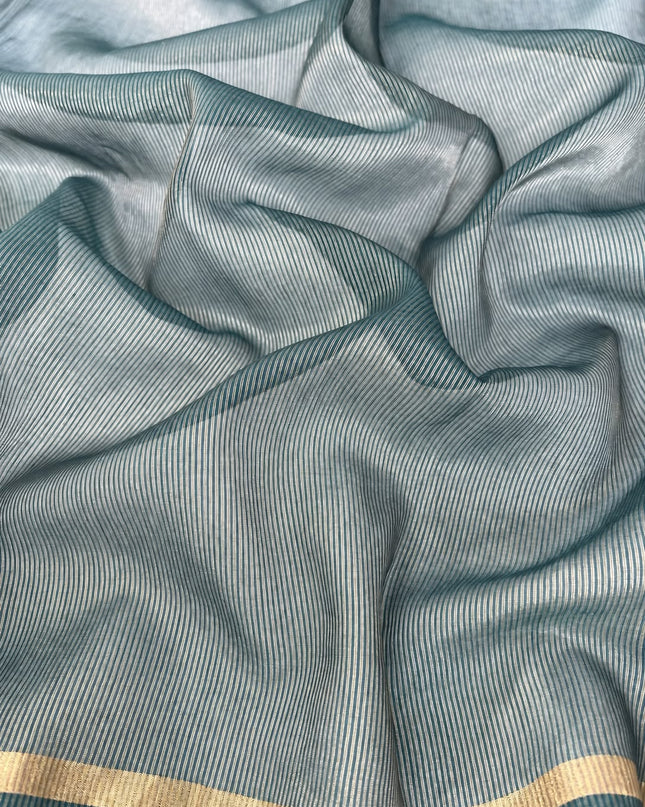 Mul Chanderi saree with thread embroidery Work and Small Border - Teal Blue