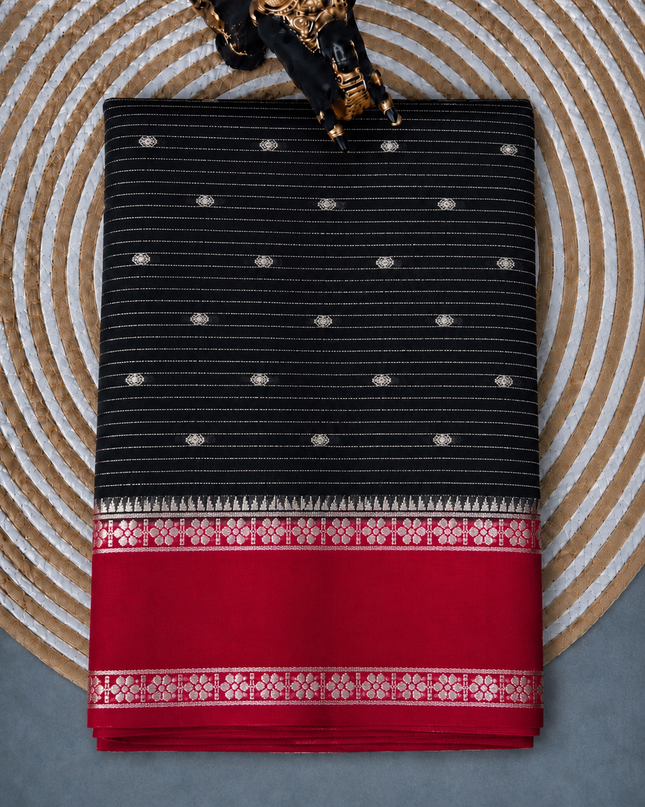 Munga Silk Saree With All over Oosi Design and Small Gold Butties  Contrast Border- Black & Red