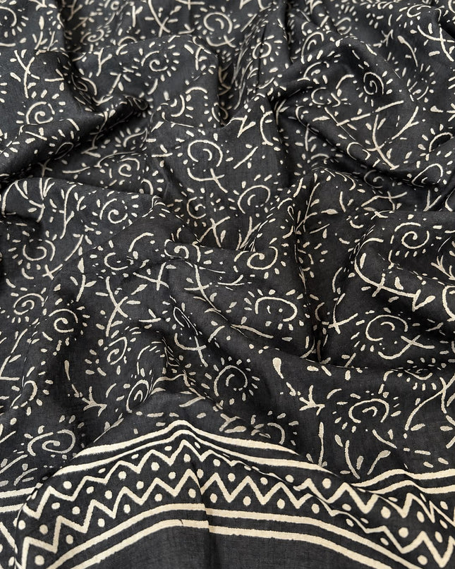 mul Cotton Saree with  Block Printed -Black