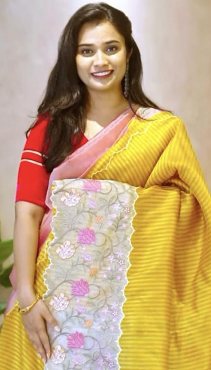 Soft Tissue Saree and Golden Lines and Thread Work  scallop border -Yellow